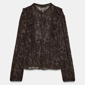 Zara brown devoré velvet ruffle blouse made in Europe NWT